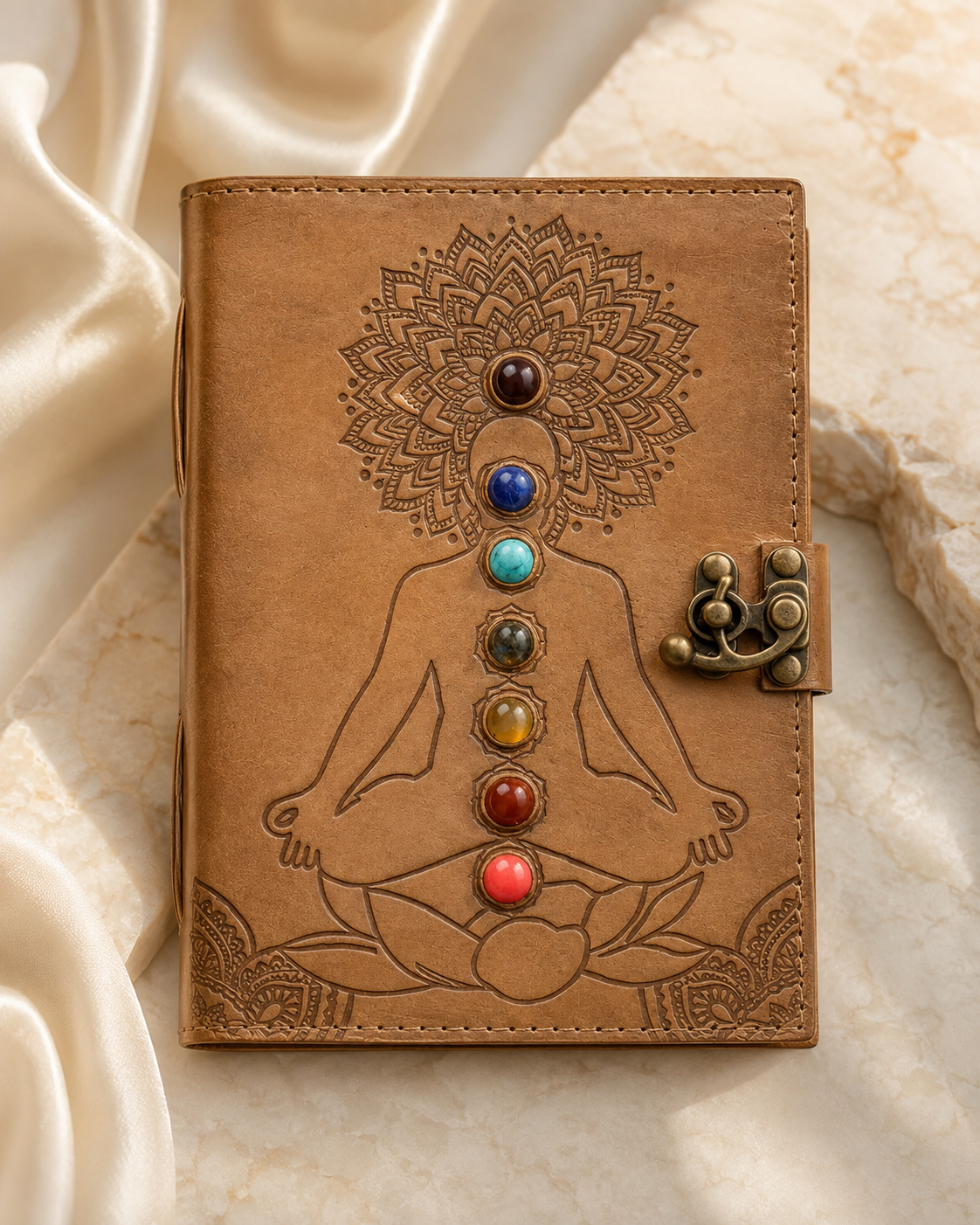 A Timeless Spiritual Companion – Handcrafted Leather Journal with 7 Healing Stones
