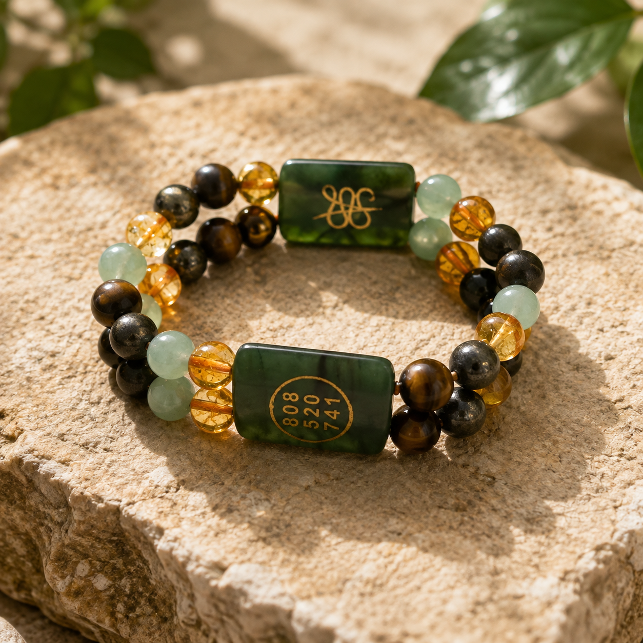 Multi-Crystal Double-Layer Wealth Bracelet with Grabovoi Code (808 520 741) & Jade Charm