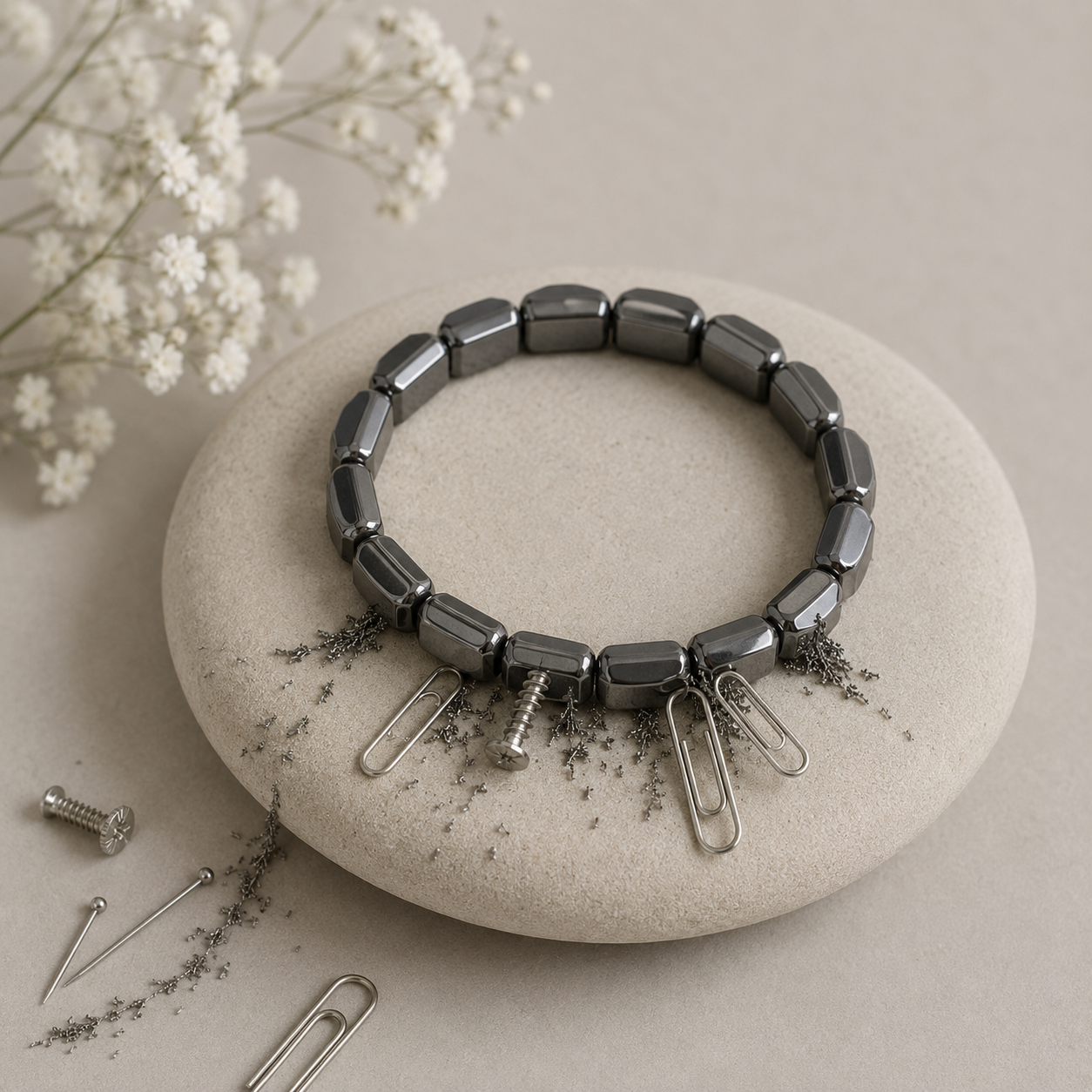 Magnetic Hematite Geometric Bar Bracelet | Grounding Energy, Balance & Pain Relief Therapy - Image 2