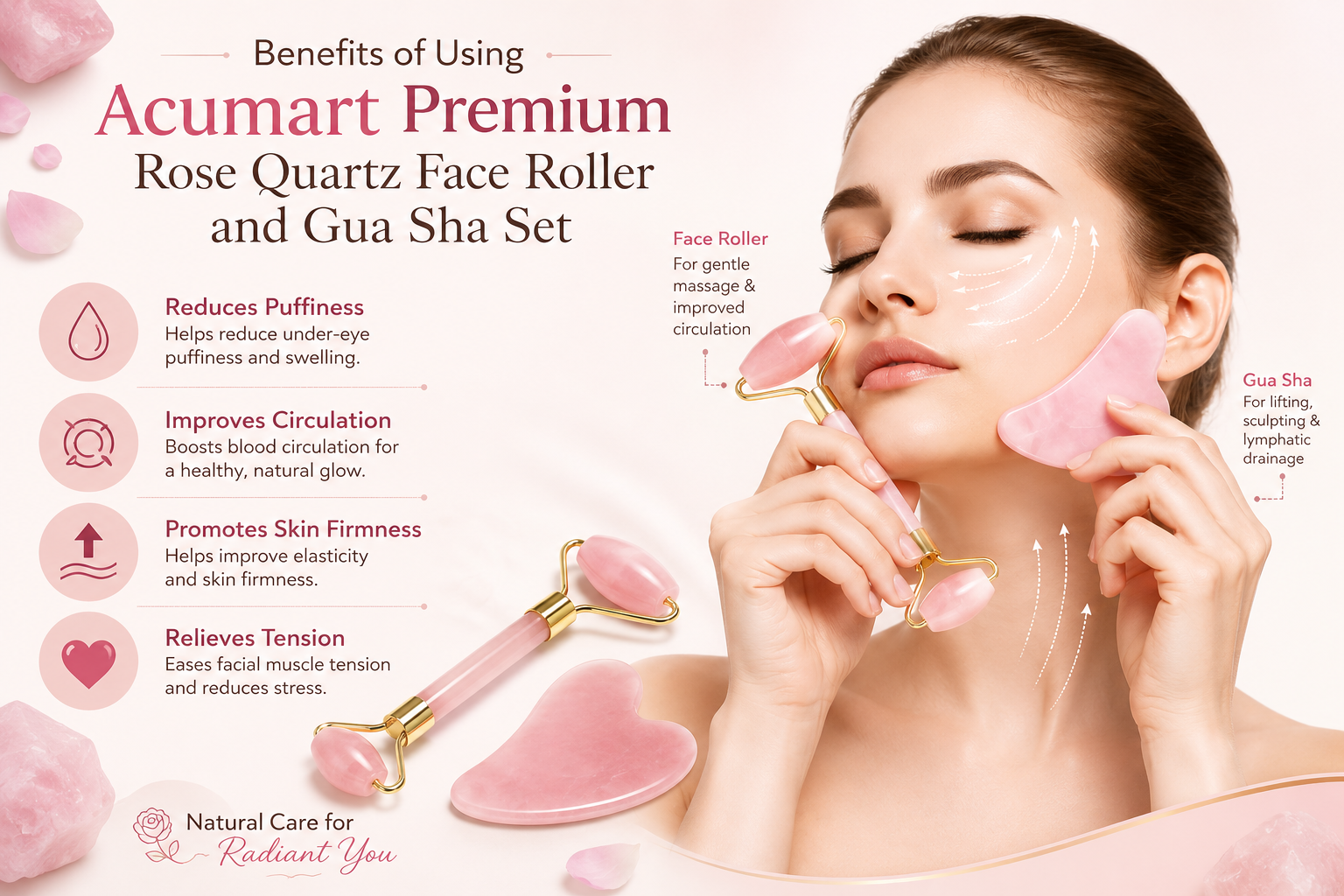 Rose Quartz Face Roller & Gua Sha Set – Your Daily Ritual for Naturally Radiant Skin - Image 4