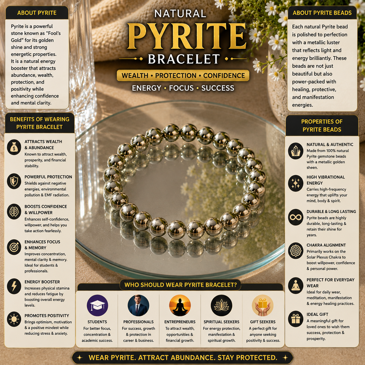 Natural Pyrite Bracelet | Abundance, Powerful Protection & Confidence - Image 3