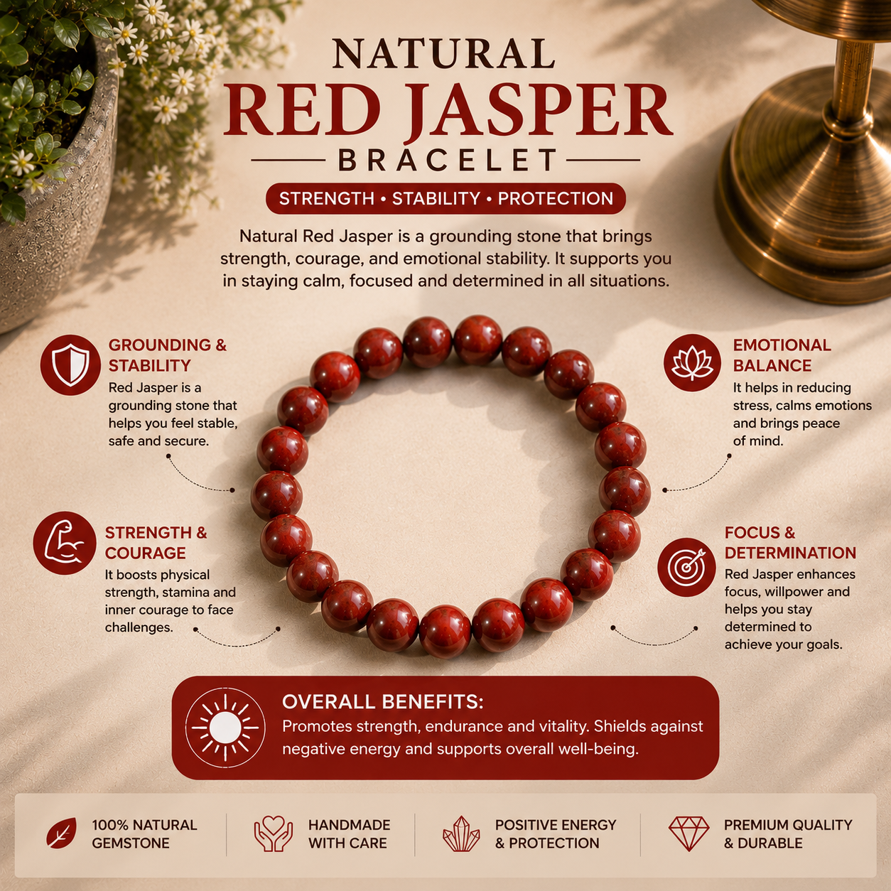 Natural Red Jasper Bracelet | Grounding Energy, Endurance & Protection - Image 3