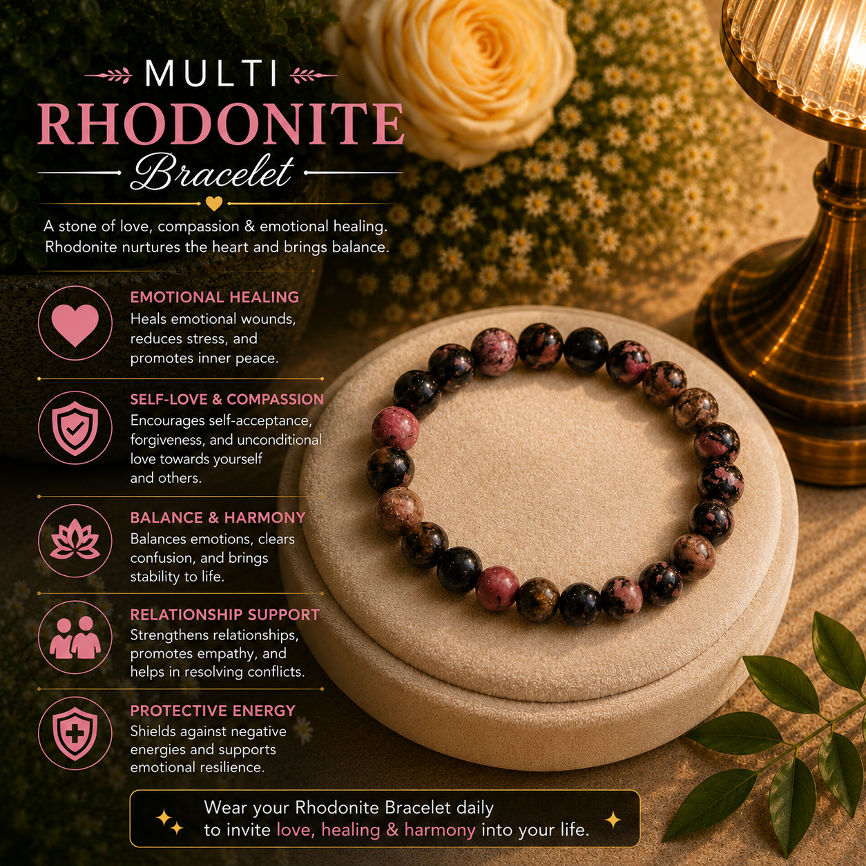 Natural Rhodonite Beaded Bracelet | Compassion, Emotional Healing & Forgiveness - Image 2