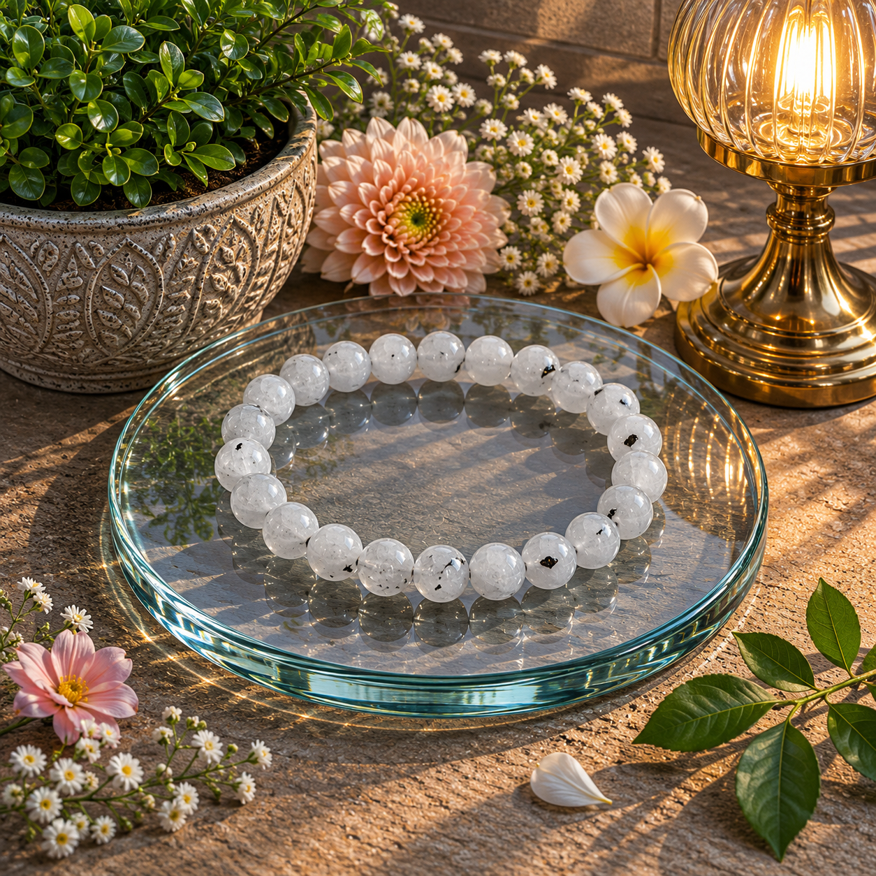 Natural Rainbow Moonstone Bracelet with Black Tourmaline Inclusions | Intuition, New Beginnings & Spiritual Protection