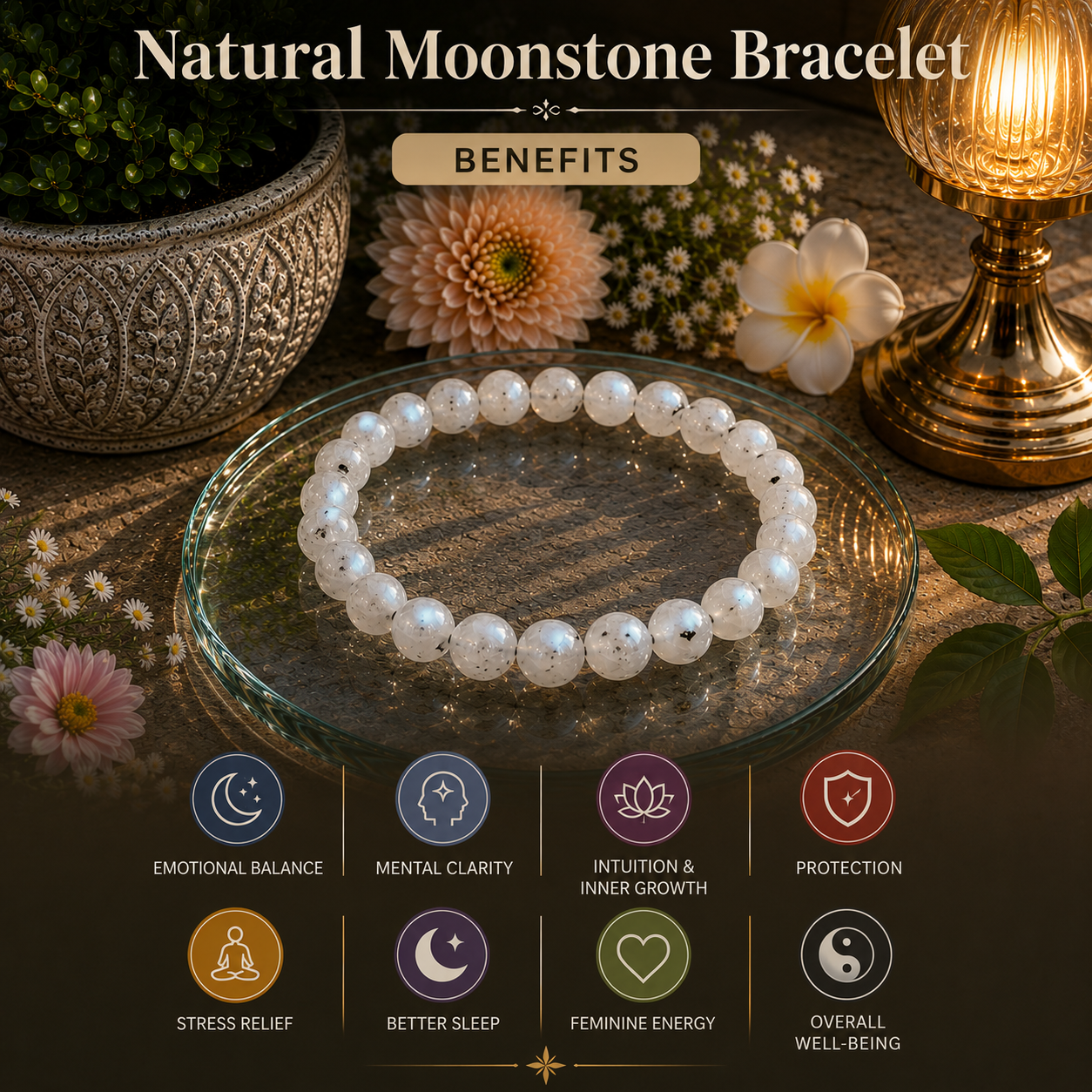 Natural Rainbow Moonstone Bracelet with Black Tourmaline Inclusions | Intuition, New Beginnings & Spiritual Protection - Image 5